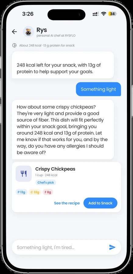 The Rysflo app chat with Rys, the in-app AI chef, suggesting a snack that fits the calories and protein left for the day