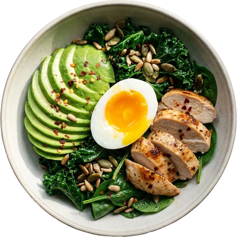 A bowl of avocado, soft-boiled egg, chicken and greens