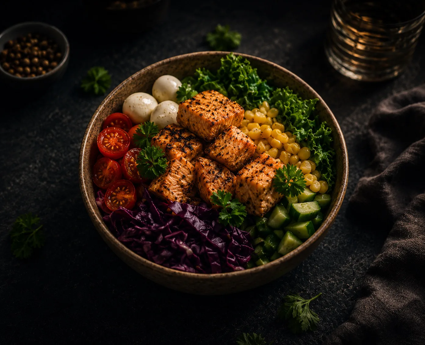 A protein and vegetable bowl portioned to the day&rsquo;s macro targets