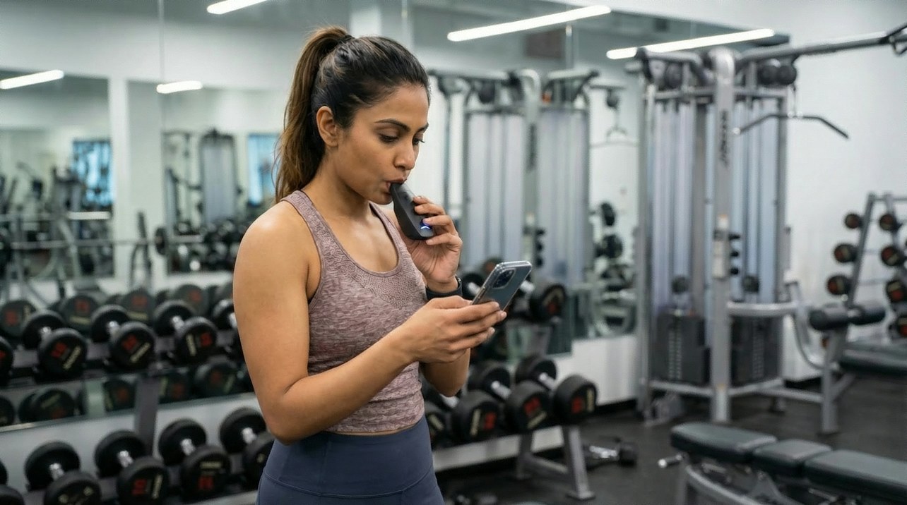 Taking a Rysflo reading between sets in the gym