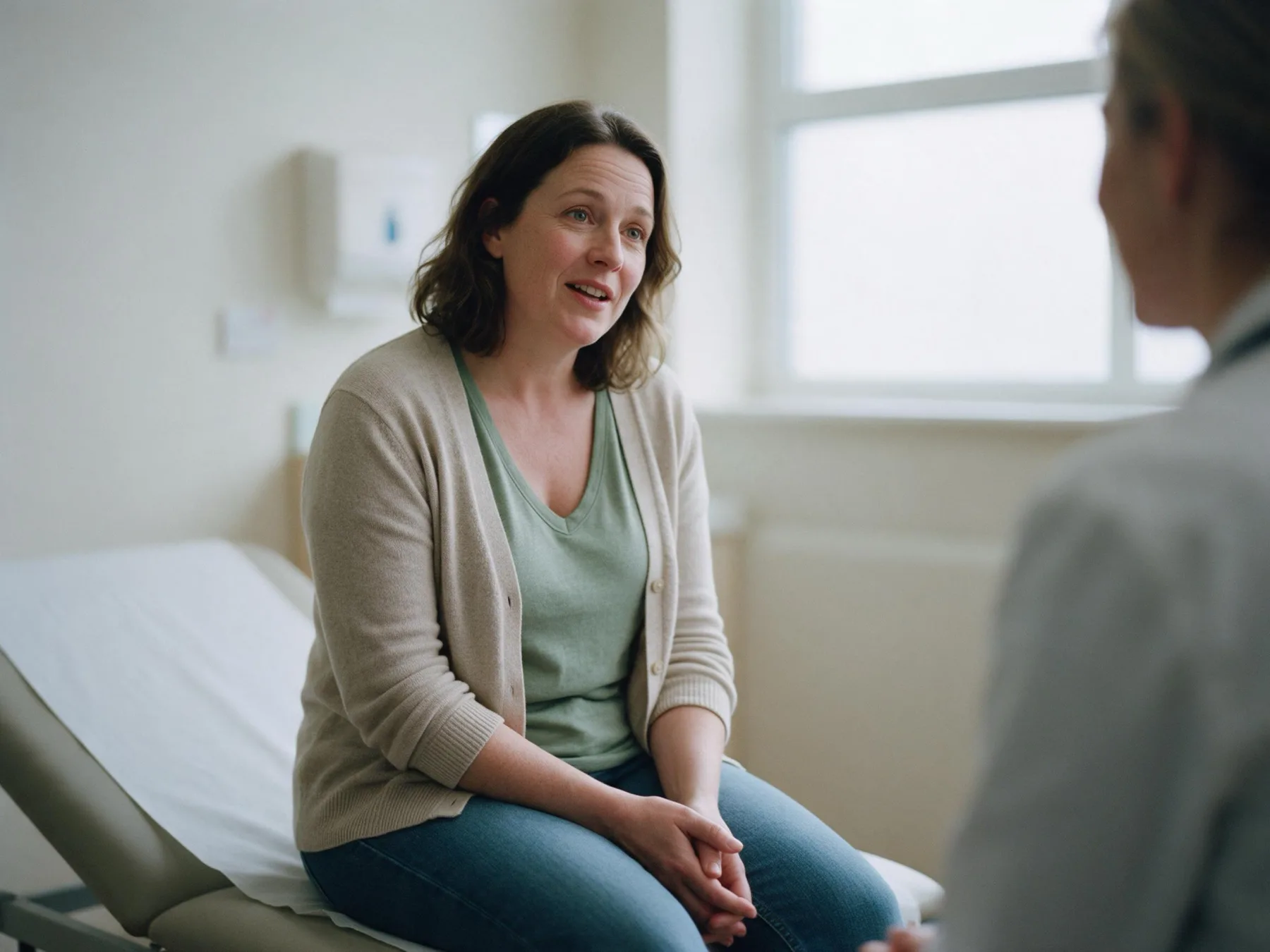 A woman talking with her clinician in a consulting room