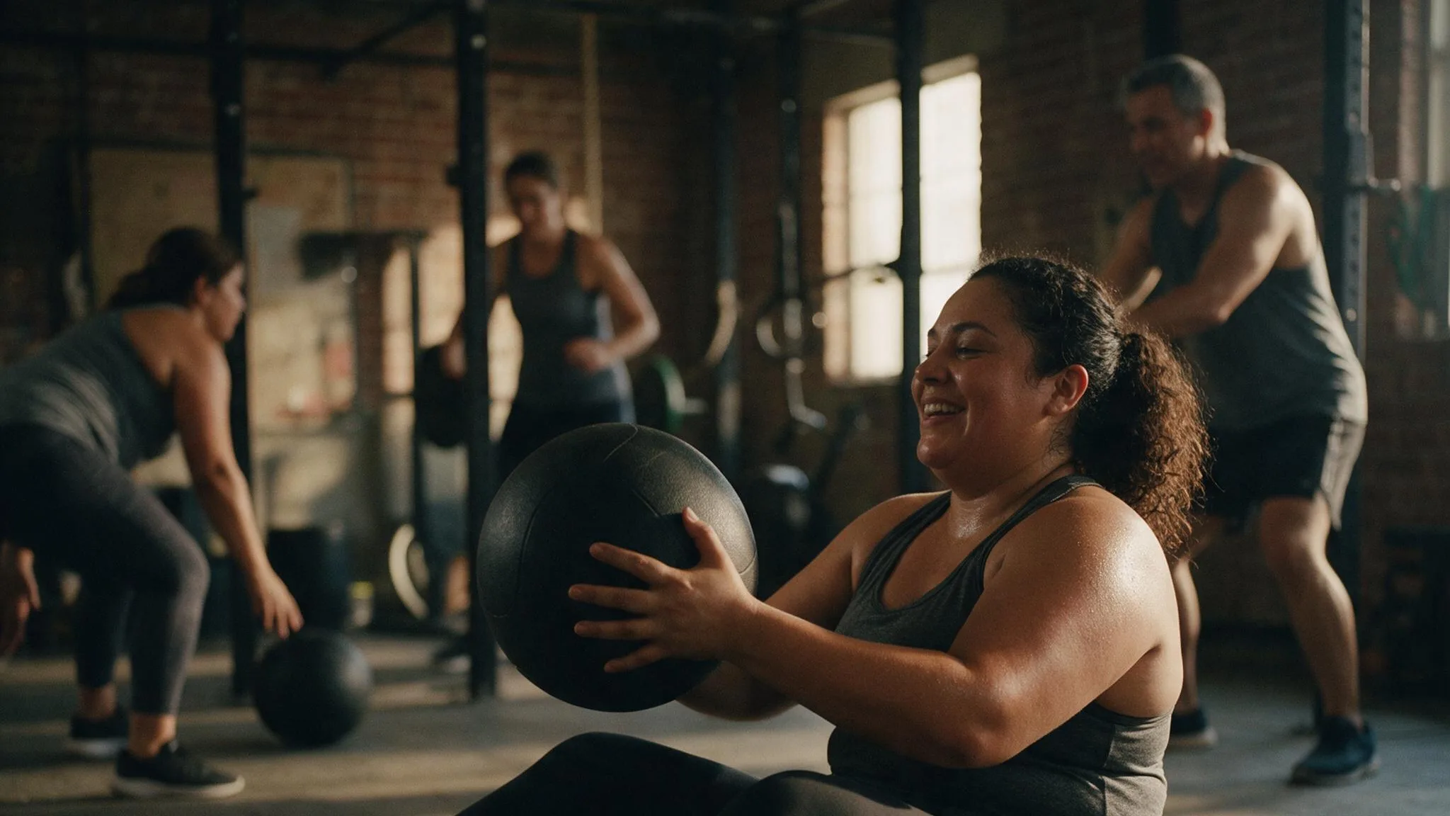 A woman training with a medicine ball in a busy neighbourhood gym