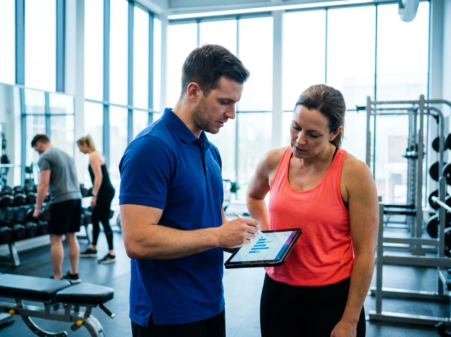 A coach and lifter going over training and nutrition numbers together